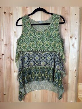 Live & Let Live Ruffled Tier Pullover Aztec Print Tunic Tank XL boho artsy earth